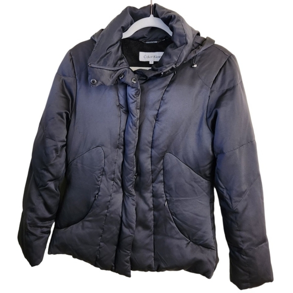 Calvin Klein Gray Duck Down Filled Puffer Jacket Detachable Hood Size S - Picture 1 of 9